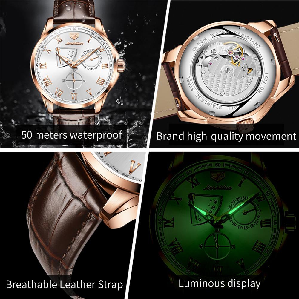 JINSHIDUN Multi-functional Hollow Pointer Fashion Small Second Dial Fully Automatic Mechanical High-end Men's Watch