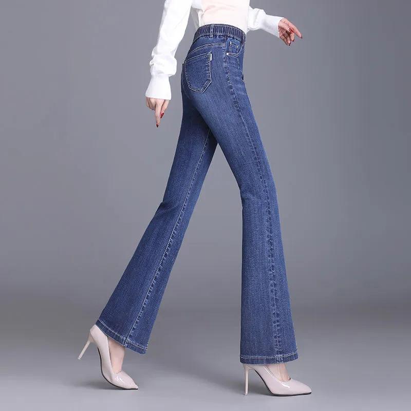 Summer Casual Appliques Solid Color Micro Flare Pants Korean Washed Splicing Double Pockets Elastic Waist Female Split Jeans