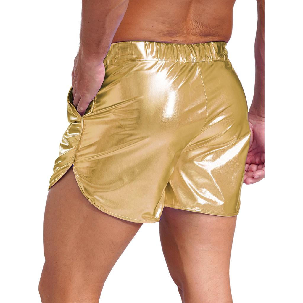 Mens Metallic Booty Shorts Shiny Elastic Waist Slim Fit Hot Pants Side Pockets Nightclub Shorts