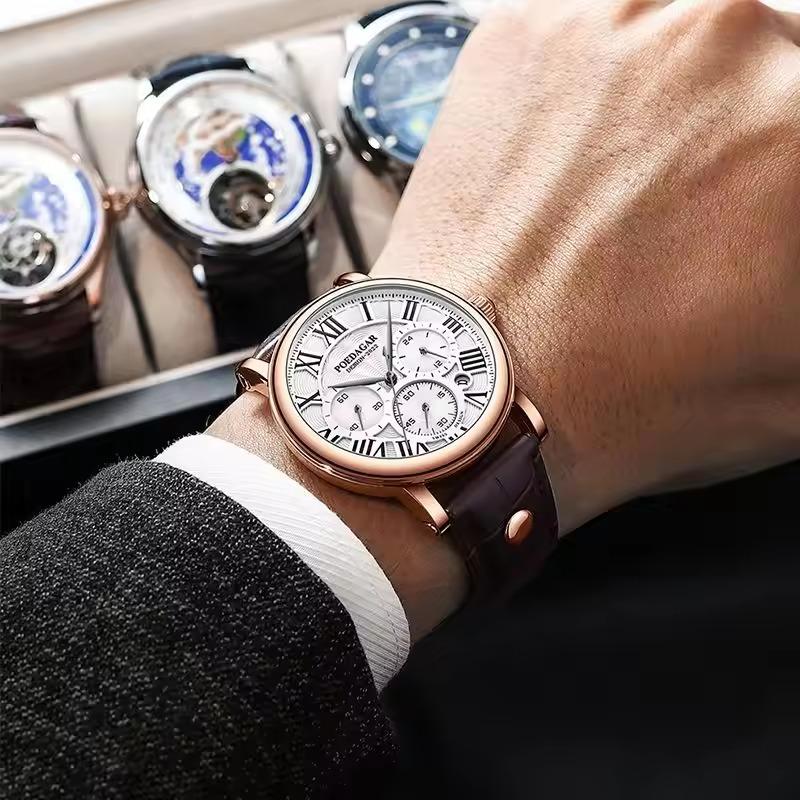 POEDAGAR Men Watch Fashion Chronograph Leather Quartz Watches Waterproof Luminous Sport Sport Wristwatch Six Needle Watch