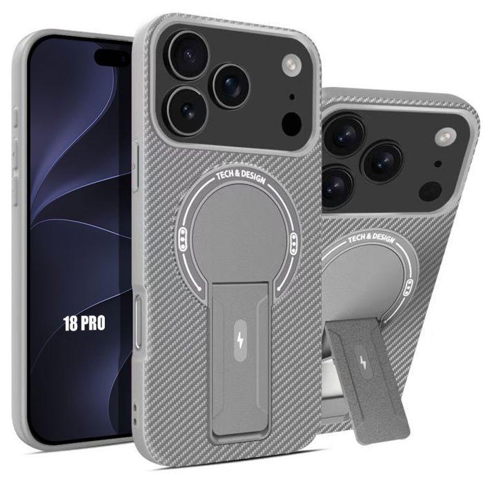 Coque pour iPhone 18 Pro, Protection Silicone Antichoc avec Cercle Magnétique et Support -Gris
