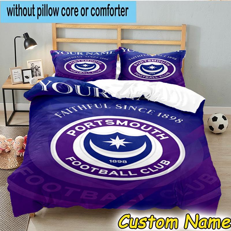 Custom Name Portsmouth Football Club Bedding Set 3PCS Duvet Cover Closure Includes 1 Duvet Cover & 2 Pillowcases for All Seasons Bedroom Decor