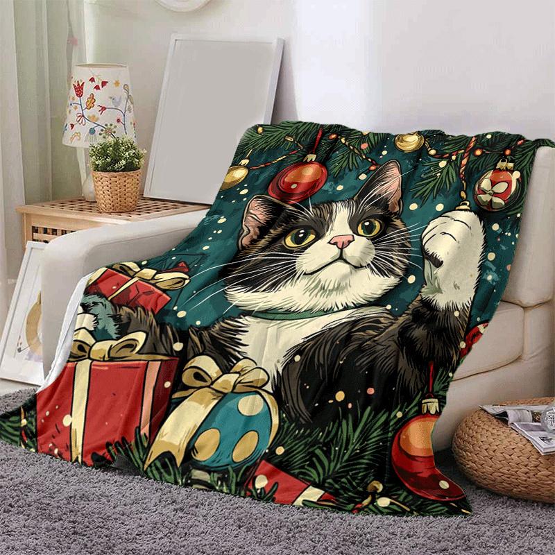 

1pc Cat Christmas Printing Lightweight Flannel Blanket, Comfortable and Warm Blanket, Sofa Bed and Couch Office, Suitable for Gift Blankets 130cmx150cm