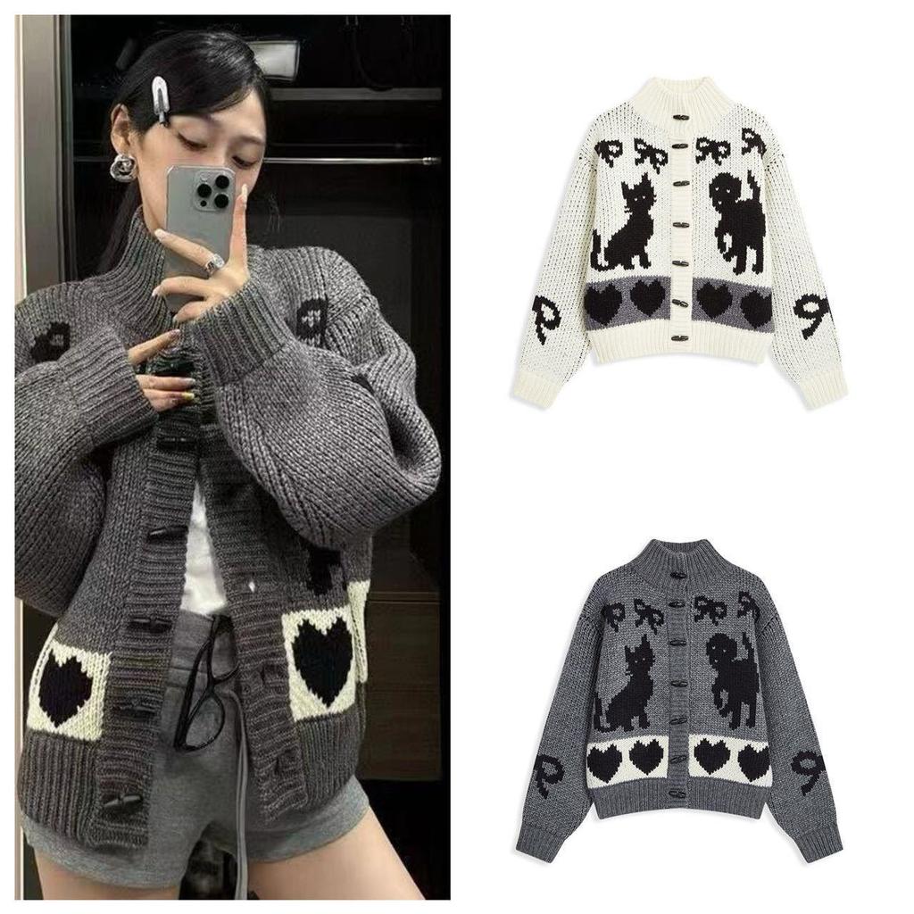 In-Stock Korean Retro Bow Jacquard Cardigan Sweater for Women
