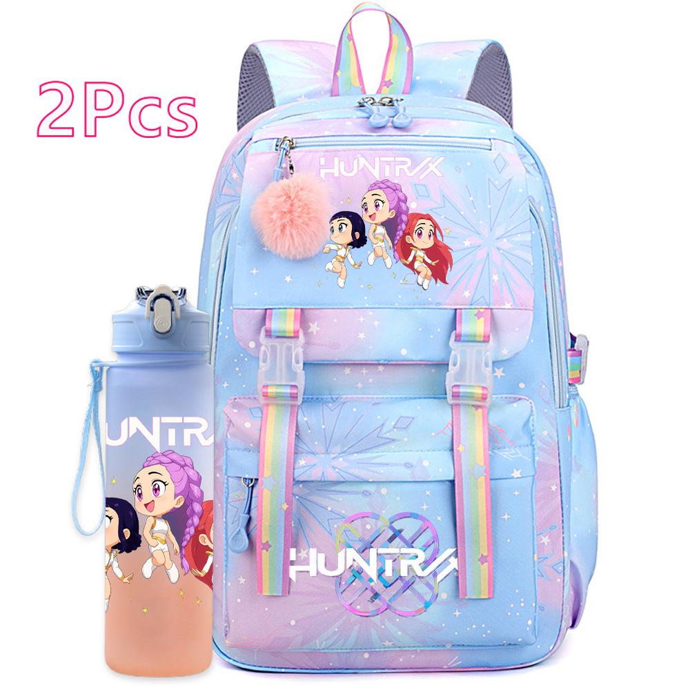 2Pcs/set Cute K-Pop Demon Hunters Printed Backpack with 750Ml Water Bottler for Teenager Student Girl Boy Large Capacity Waterproof Bookbag Travel Bag