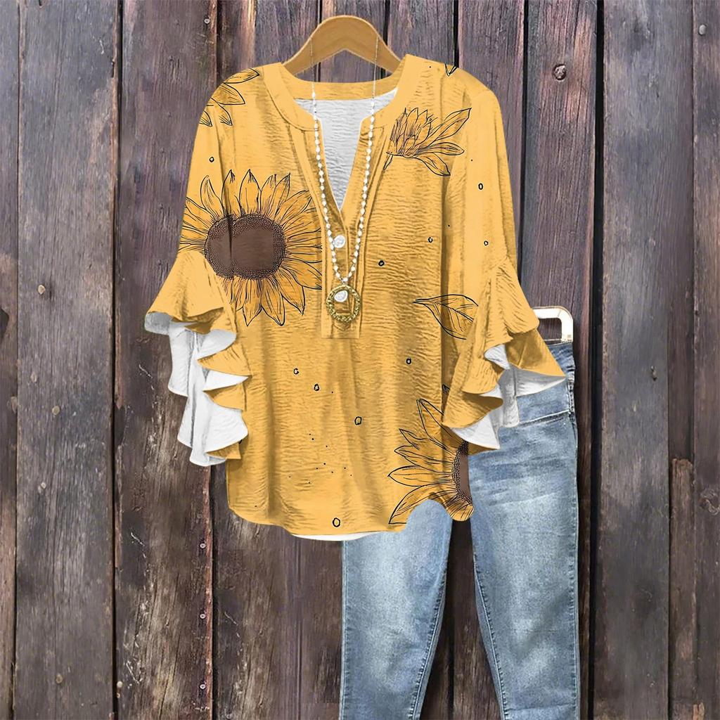 Tops For Women Cute Button V Neck 3/4 Sleeve Blouses Print Top Casual Shirts