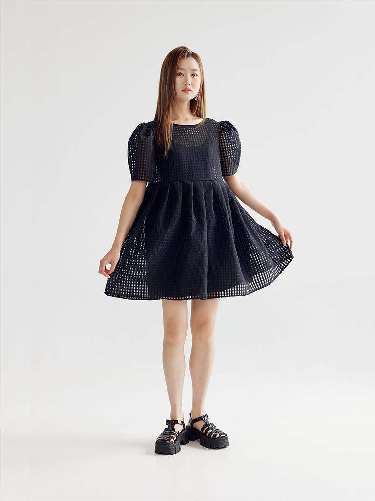 BOMNAL BOUTIQUE Checked Voluminous Mini Dress _ Black