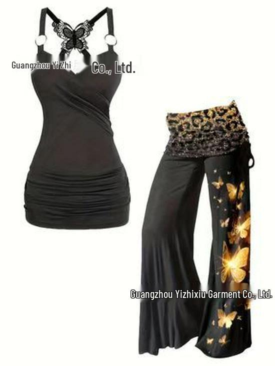 

Комплект из топа на бретелях с вышивкой европейского и американского размера плюс и расклешенных брюк для женщин - В наличии 2XL