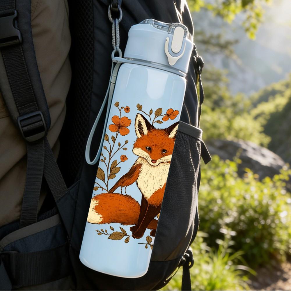 1PC Autumn Floral Fox Illustration 750ml Color Plastic Sports Water Bottle Leakproof Flip Straw Lid Suitable for Sports Office Home Use