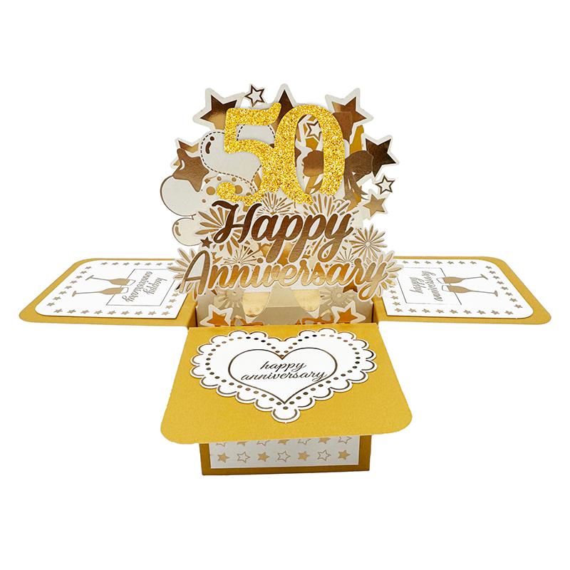 50Th Anniversary Card,3D Gold Happy Anniversary Pop Up Card With Envelope For Wife Husband Couples Parents Wedding Marriage Gift