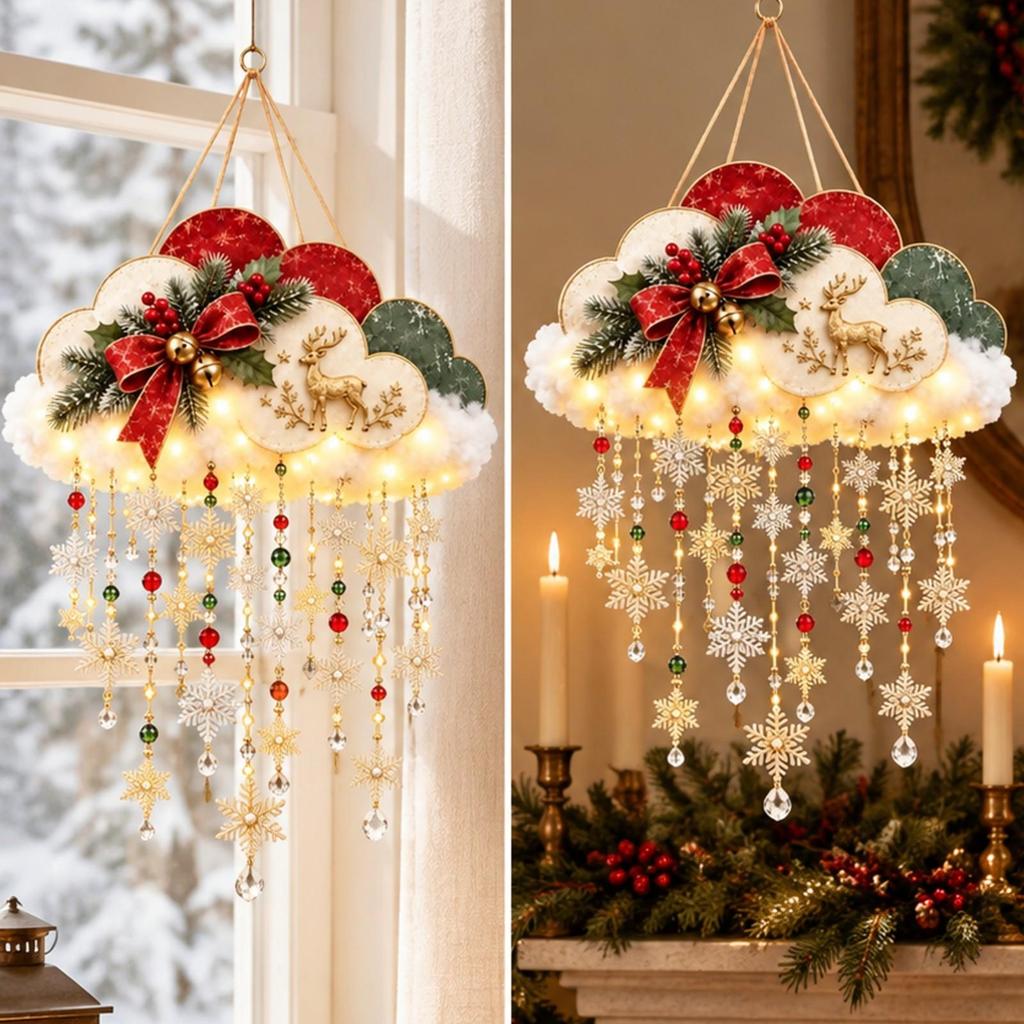 Snowflake Puff Hanging Decoration Lighted LED Felt Christmas Decor Ready to Hang