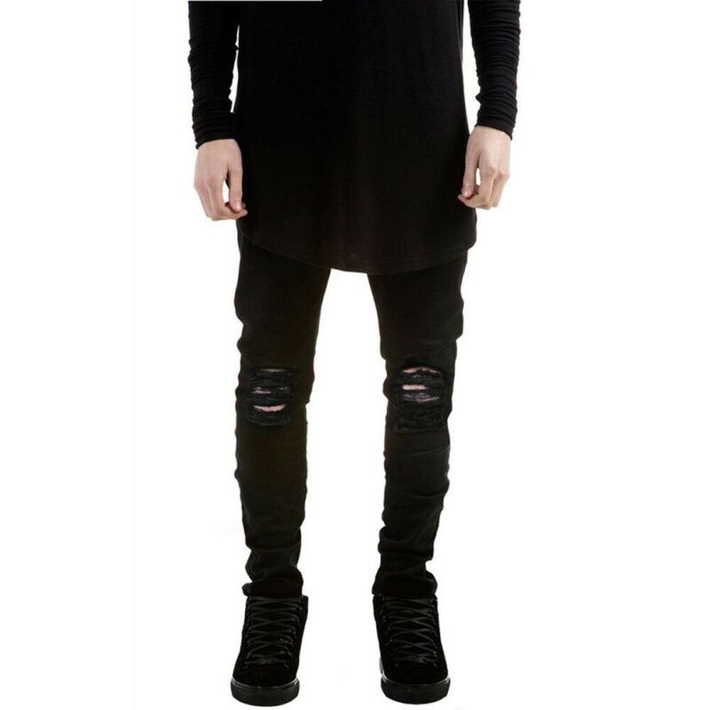 Pantaloni in denim con foro strappato Jeans da motociclista effetto consumato tinta unita Pantaloni lunghi skinny