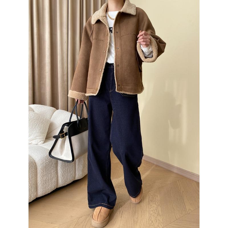 Regular Fit Vintage Bright Line Double Pocket Design Spliced Straight Leg Wide Jeans