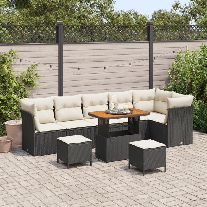 Ensemble de jardin vidaXL 9 pièces avec coussins Noir Poly Rattan Acacia 3361505