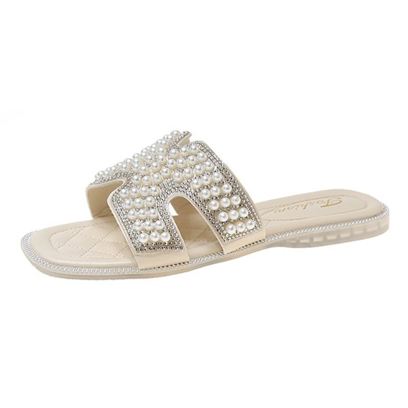 Slippers women's flat heel outer wear year summer beaded travel beach rhinestone flat sandals one word sandals commuter style