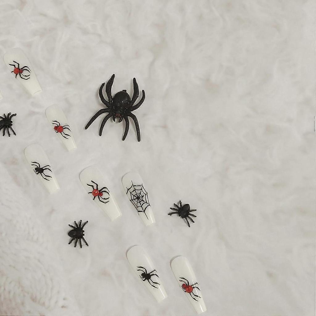 24Pcs Long Coffin Press On Nails with Glue Halloween White Spider Web Acrylic Nail Set