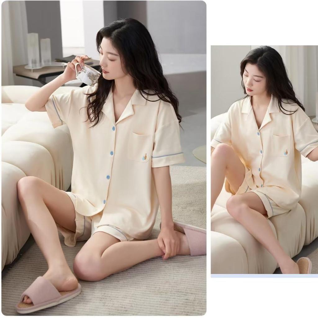 Yucahype Summer Pajama Set with Short Sleeve Shirt and Open Loose Solid Women's Cups, 100% Cotton, Shorts, Front, Moisture-Wicking, Breathable,