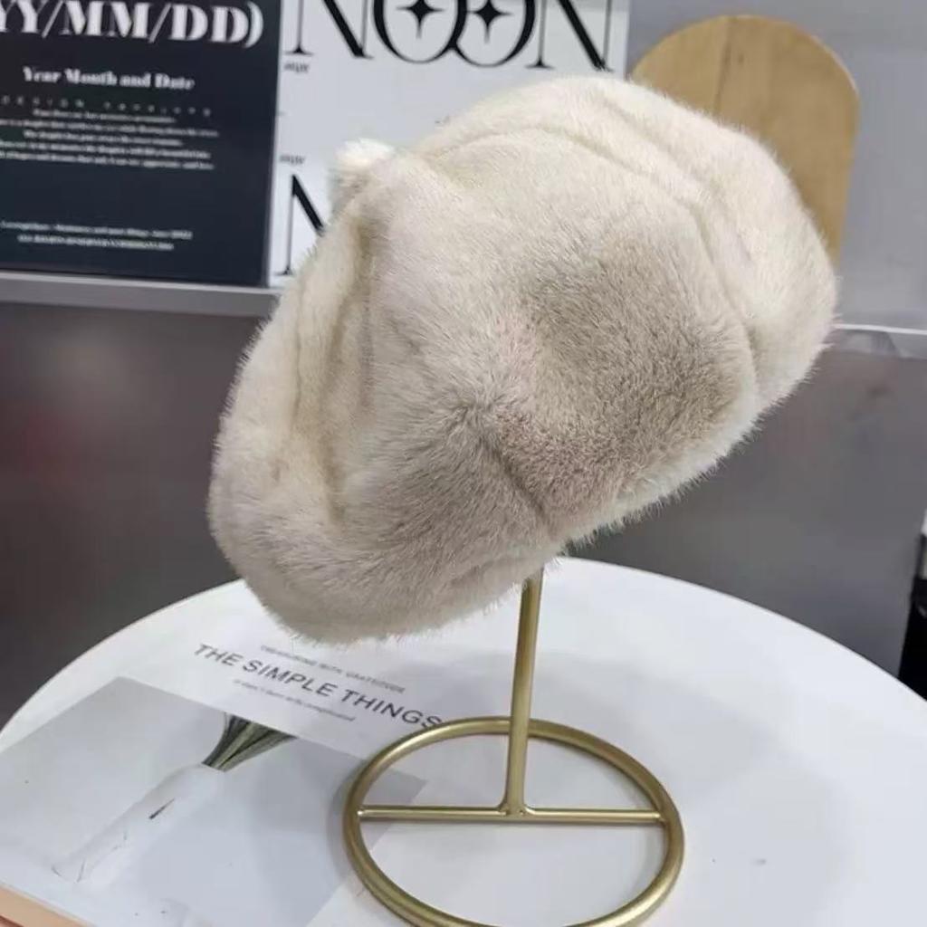 Women Fluffy Fur Beret Cap Solid Color Plush Warm Octagonal Hat for Lady Female Casual Anti-Cold Mink Velvet Pumpkin Hats