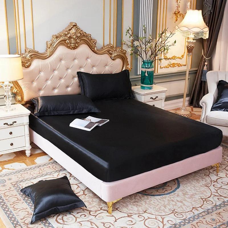 Luxury Pure Satin Queen Bed Sheet Set High End Silky Home Bed Sheets Pillow Cover Single Double Fitted Sheet with Elastic Band
