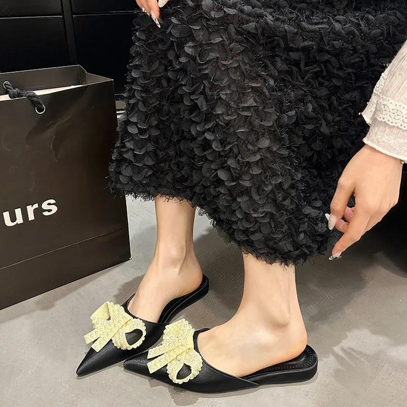 Fashion 2025 Shoes Female Closed Toe Women's Slippers Fashion Dress Slippers Women String Bead Bow Tie Pointed Toe Low Heel Sandals