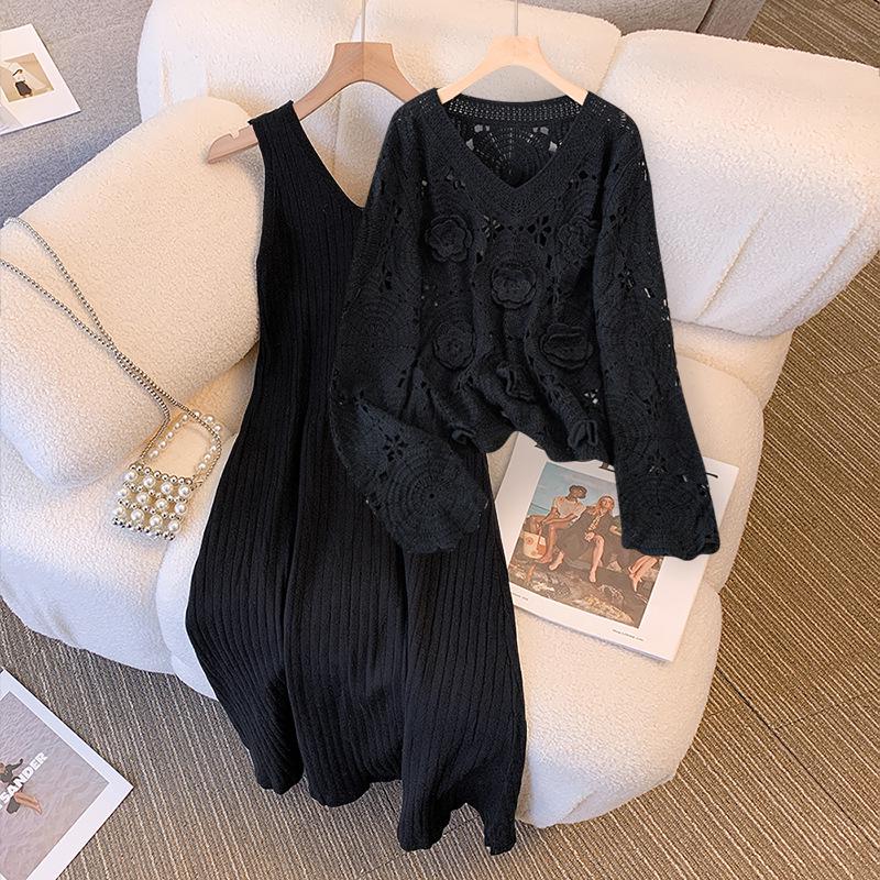 Plus Size Spring Set: Red Knitted Sweater & Dress