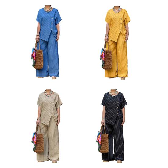 Women's Striped Short Sleeve 2 Piece Outfits Summer Crew Neck Top And Long Pants Matching Lounge Sets with Pockets