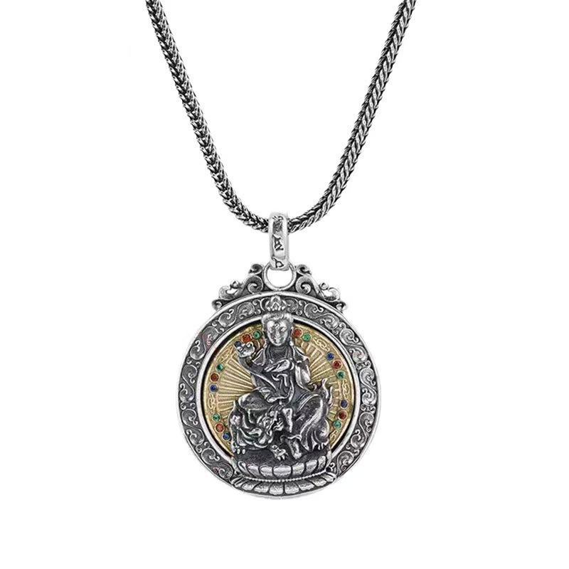 Thai Silver Eight Guardian God Pendant Necklace with Buddha and Six-Character Mantra for Men and Women
