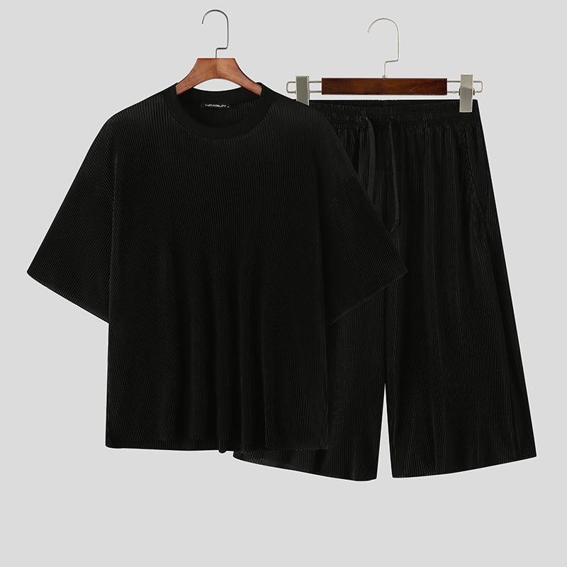 

INCERUN Two Pieces Men Short Sleeve T-Shirts and Loose Shorts Texture Oversized Outfits Sets 5XL чёрный