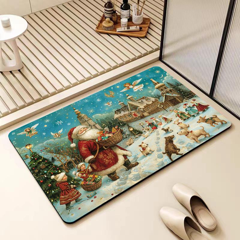 Christmas Diatom Mud Floor Mat Strong Absorbent Bathroom Floor Mat Festive Atmosphere Bathroom Anti-slip Floor Mat