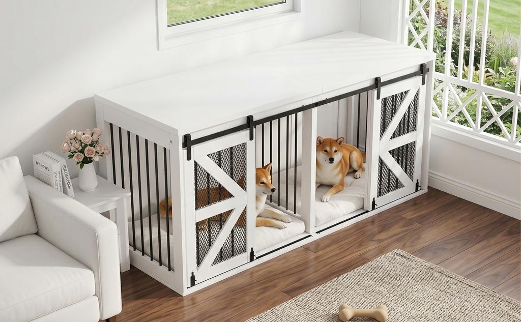 Dog Crate with Barn Door, of Metal and Fiberboard, for Two Dogs, with Fixed Middle Partition, TV Cabinet, with Sliding Doors, White, 160 X 60 X 75 Cm