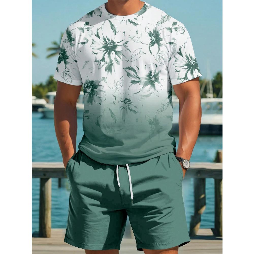 Summer Men Tropical Floral Print Round Neck Short Sleeve Casual T-Shirt And Shorts Set Beach Outfit Men Beach Tops Shorts Suit