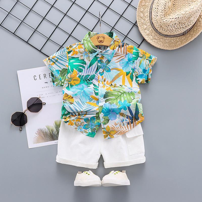Boys' Island Style Short Sleeve Summer Clothes Set – Breathable Turn-Down Collar Shirt & Infant Two-Piece Outfit