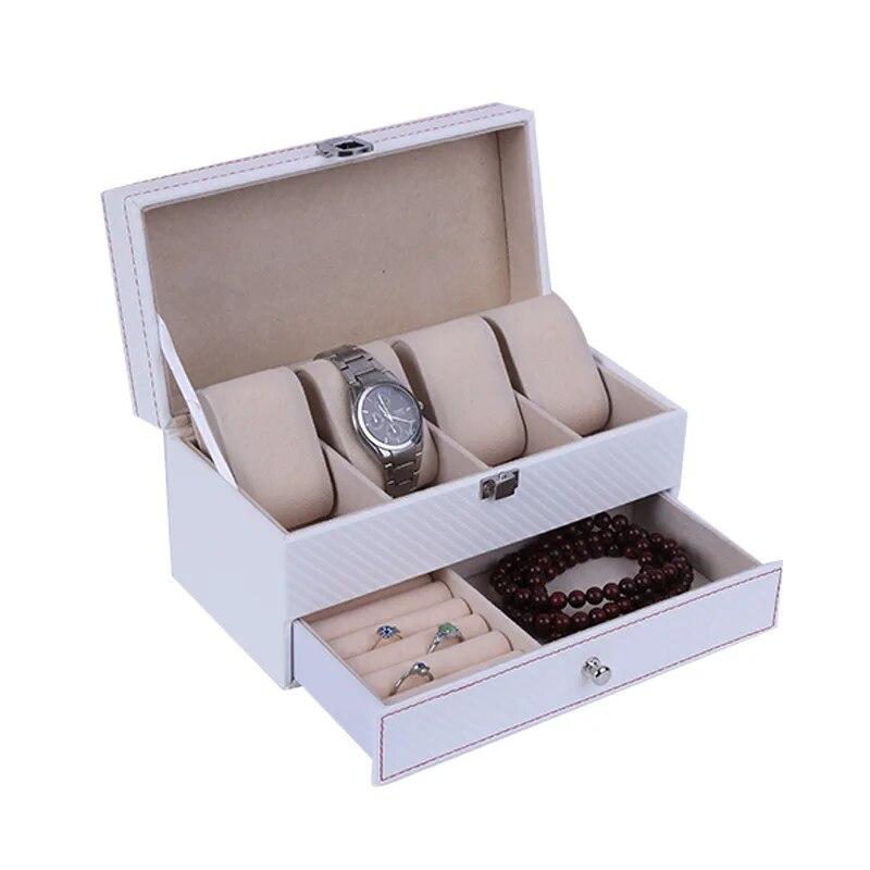 Classic Watch Box PU Leather Jewelry Organizer Travel Display Case for Men /Women,4 Slots Magnetic Top,Black