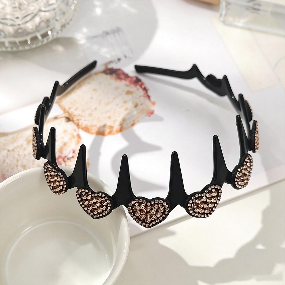 Korean Sparkly Rhinestone Flower Wavy Black Headband with Non-slip Teeth for Women