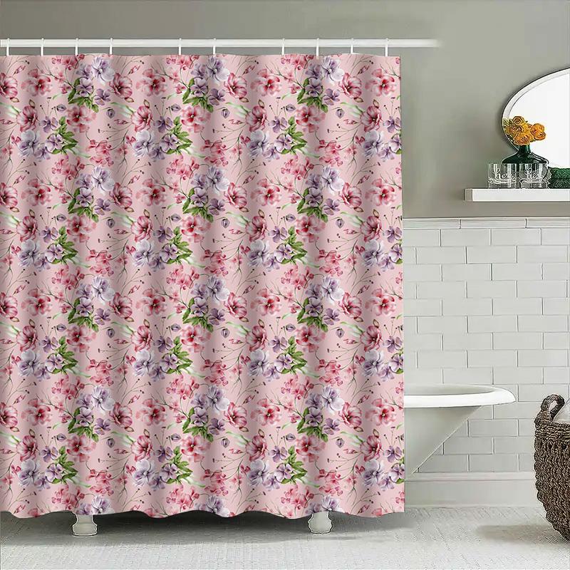 Watercolor Flower Bath Shower Curtain Decorative Printing Purple Pink White Fabric Waterproof Rainproof Bathroom Accessories