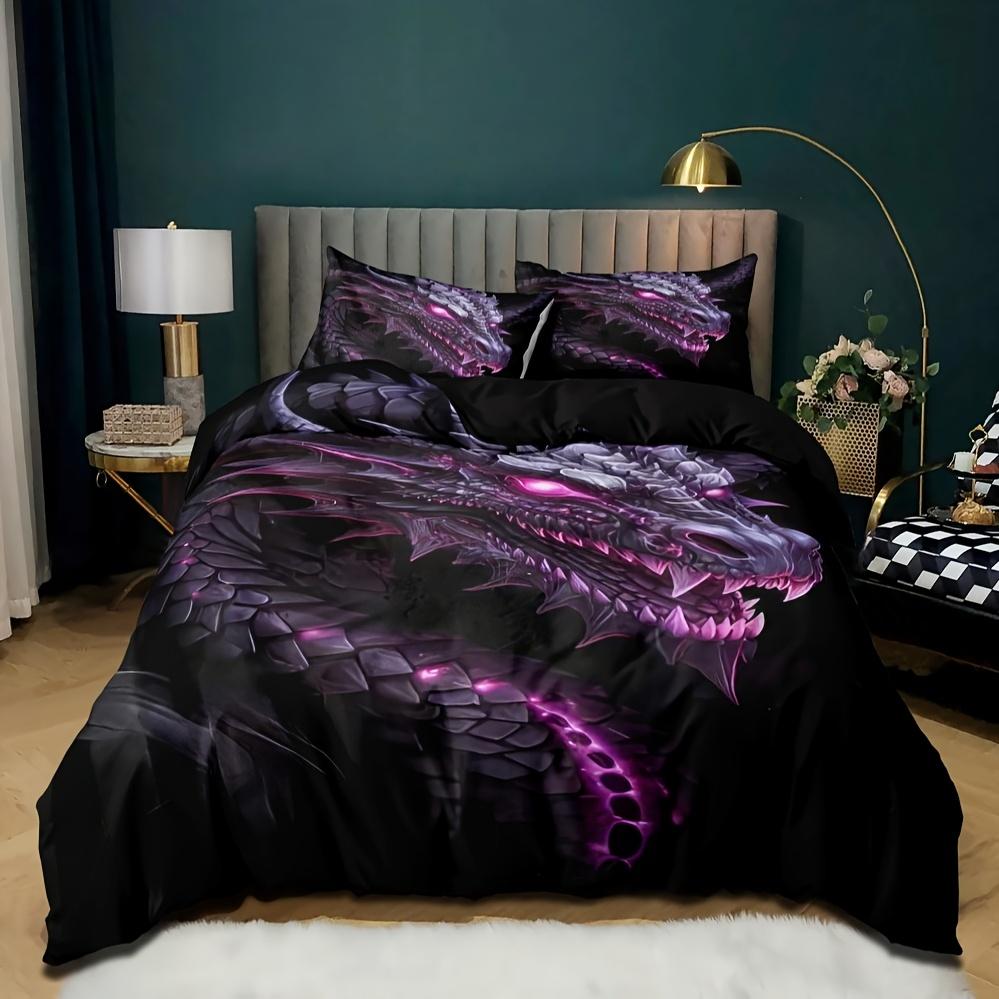 3Pcs Ancient Castle Guardian Dragon Purple Dragon Print Quilt Cover Set Breathable Polyester 100% Bedding With Zipper Closure