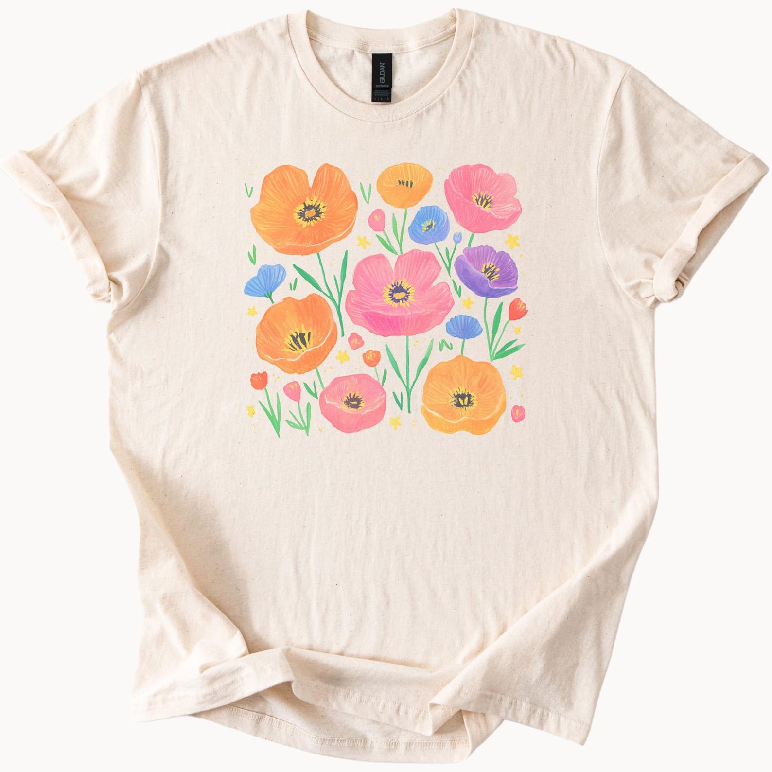 Colorful Wildflower Garden Graphic T Shirt Hand Drawn Floral Art Tee Botanical Spring Summer Flower Shirt Nature Lover Gift Apparel 150