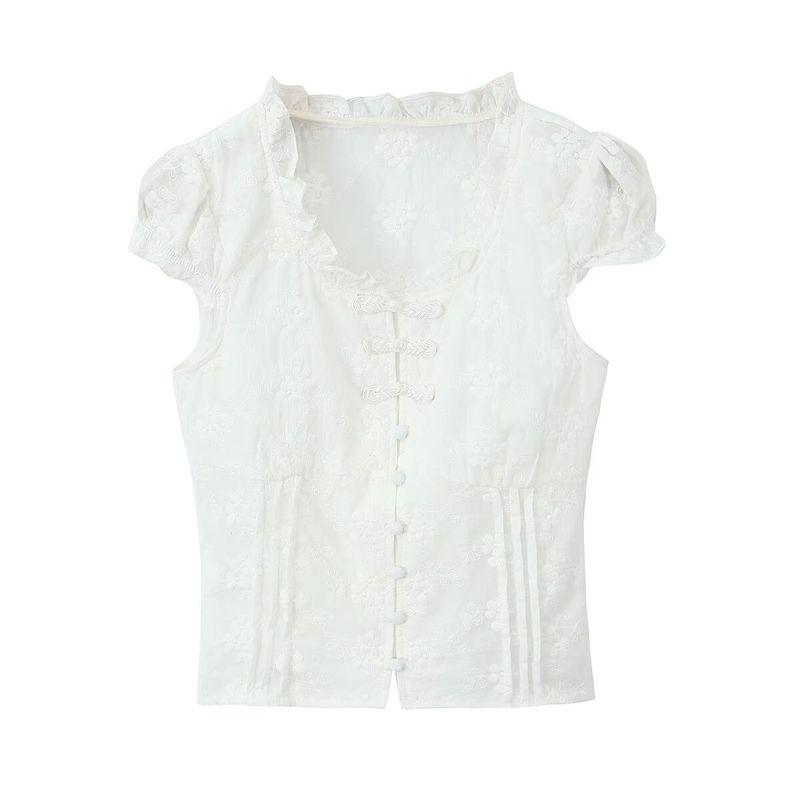 

Zbzr Spring New Women clothes Western Style Fashion Temperament National Style Simple Embroidered Buckle Waist Hugging Short sleeve Top White S