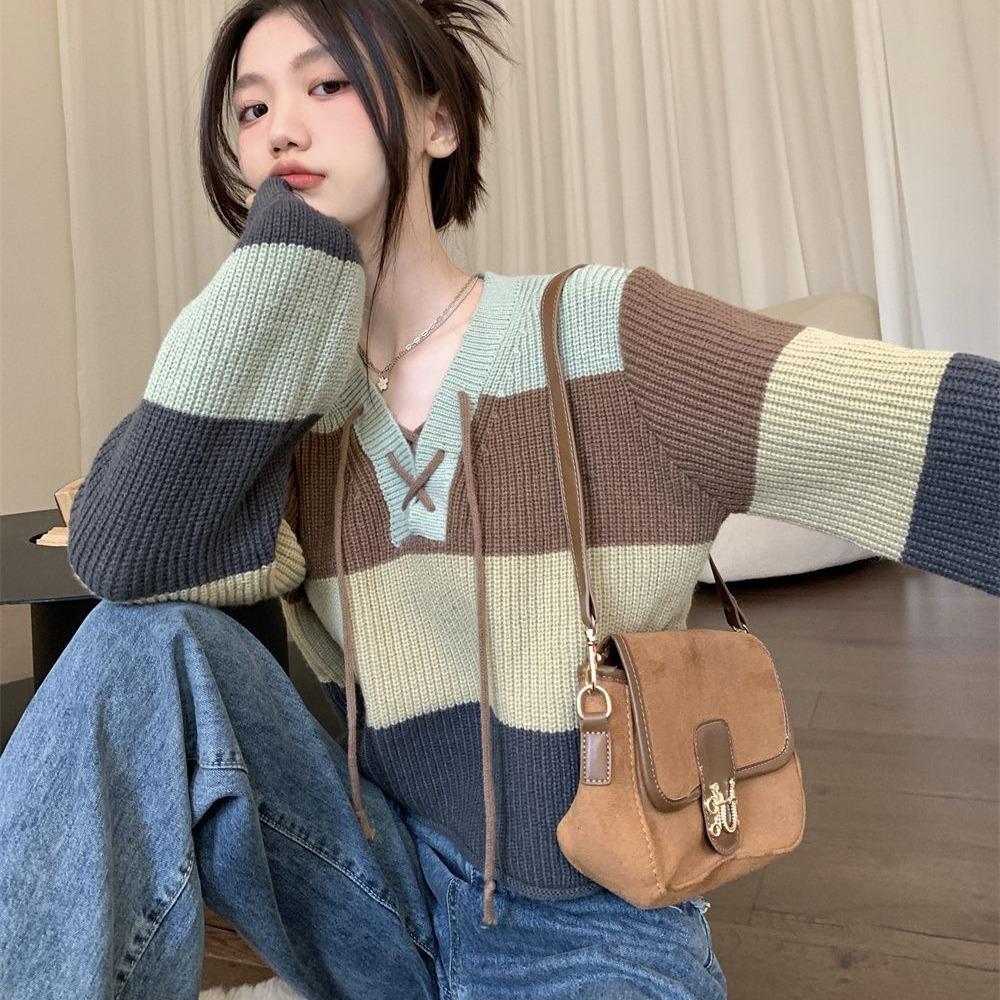 

Женский свитер с лацканами, вязаный, в стиле ретро, полосатый, с длинными рукавами, весенне-осенний свитер на шнуровке 3XL зелёный