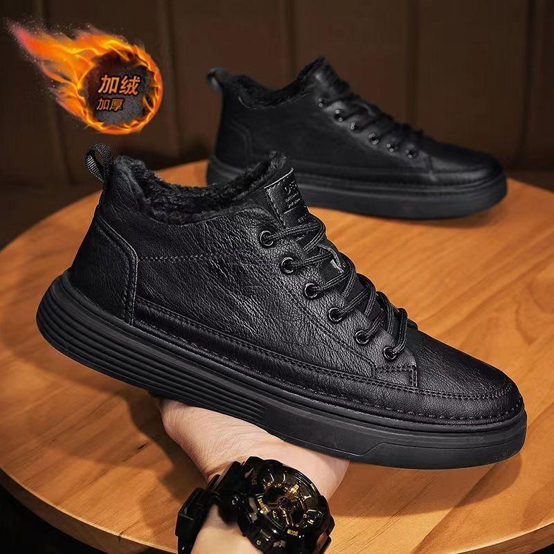 Winter Men's Shoes Velvet Chef Shoes Men's Versatile Non-slip Black Leather Shoes Casual Thickened Thermal Cotton Shoes Men