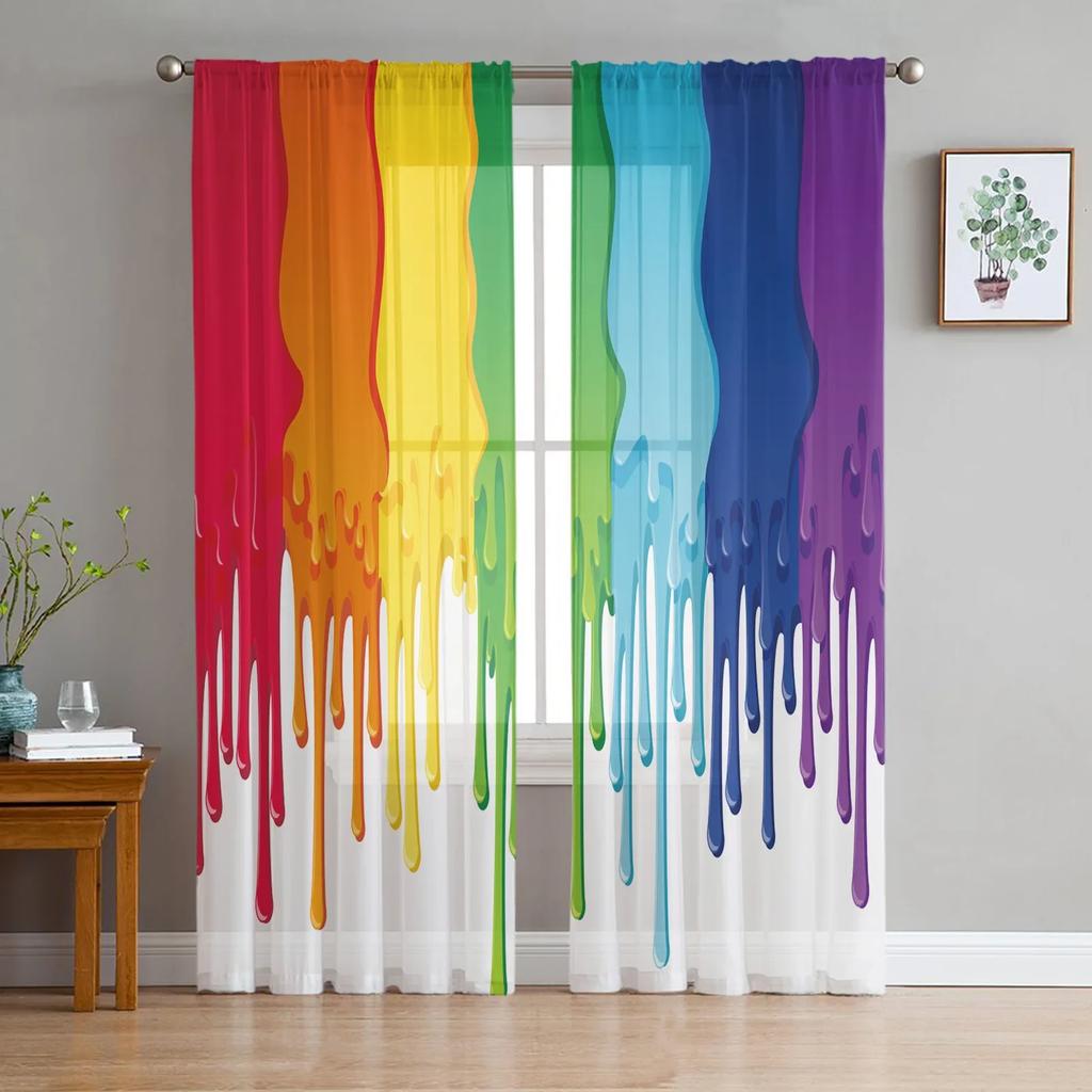 Paint Flowing Colorful Translucent Drapes Living Room Window Opening Tulle Curtains For Bedroom Space Kitchen Area Home Decoration Voile Drapes