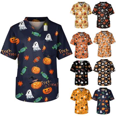 Herren Kurzarm V-Ausschnitt Halloween-Print Brusttasche Pflege-Top