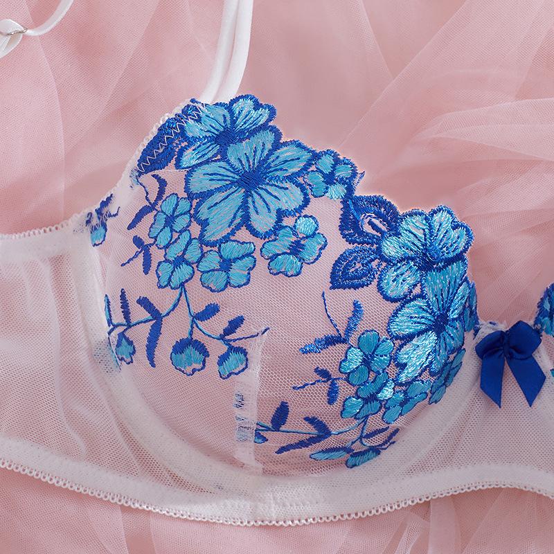 Lace bra embroidered sexy underwear set new flirting ultra-thin bra gather