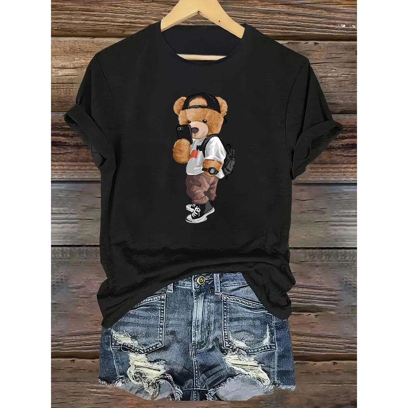 European Size Women's Casual Short-Sleeve T-Shirt with Cute Bear & Print - Soft Round Neck Summer Blouse for Spring/Summer Outfits