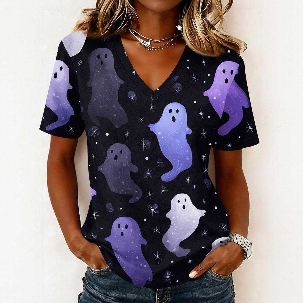 Womens Casual Halloween Print V Neck Pullover Top Short Sleeve Lightweight Shirt for Fall Seasonal Wear