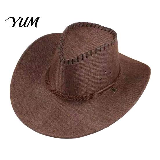 Outdoor UV Protection Hat Western Cowboy with Windbreak Rope for Men, Wide Brim Linen Sun Foldable Travel Travel, Halloween Cosplay Costume,