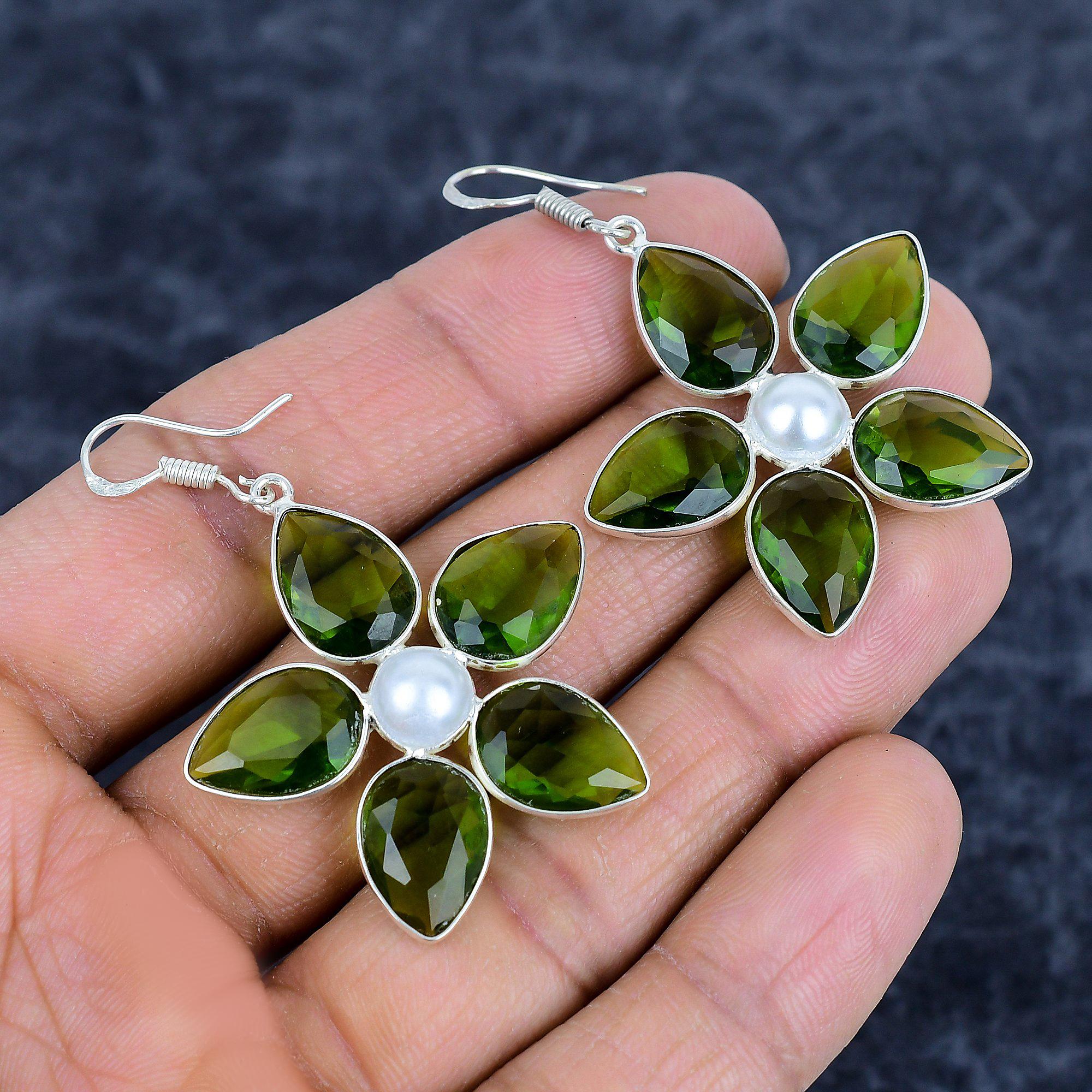 

Peridot, Pearl Gemstone Handmade 925Sterling Silver Jewelry Earring 2.17 M-3147