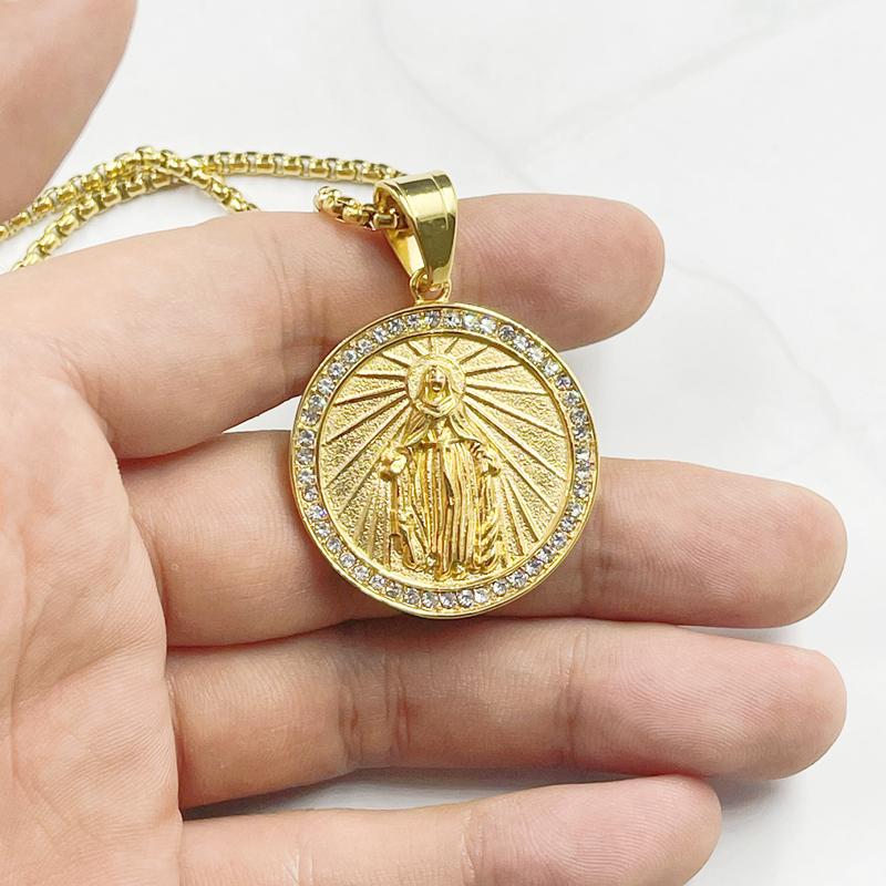Collar con Colgante de Acero Inoxidable de la Virgen María con Pedrería, Collar Amuleto de Oración Cristiana para Mujer, Regalo de Navidad