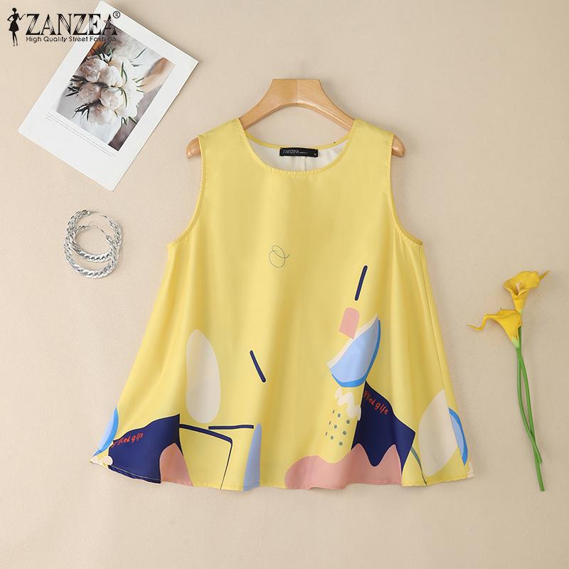 ZANZEA Женские повседневные летние майки без рукавов с круглым вырезом и принтом