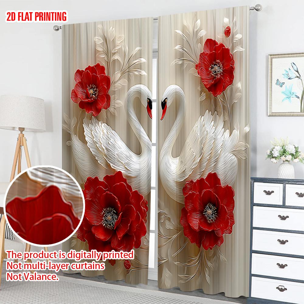 Set aus 2 flachen Druck-Fenstervorhängen Weiße Schwäne Rote Blumen Digital bedruckte Polyester-Vorhänge Geburtstagsparty-Nutzung Feiertagsvorhang